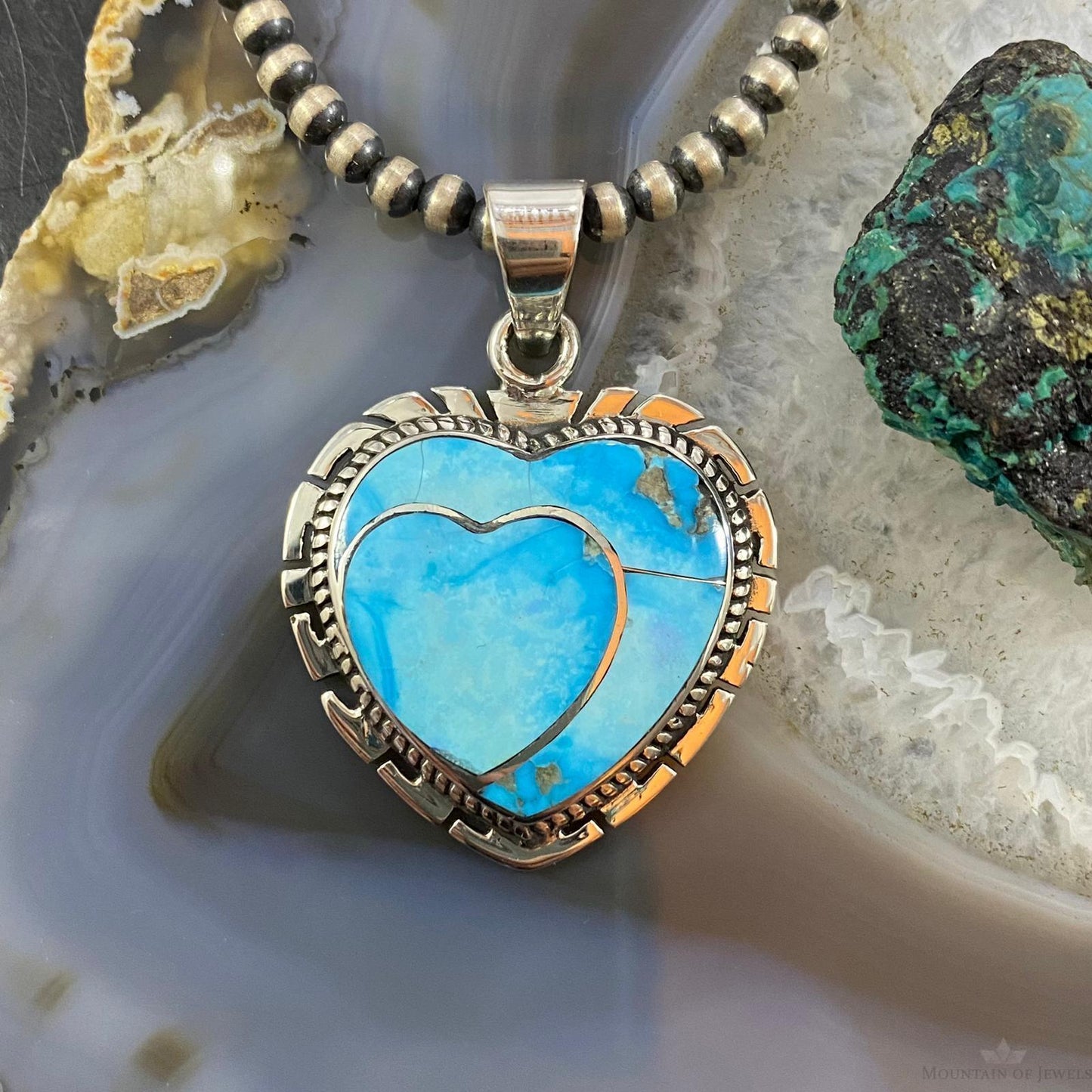 Native American Sterling Silver Blue Ridge Turquoise Large Double Heart Pendant