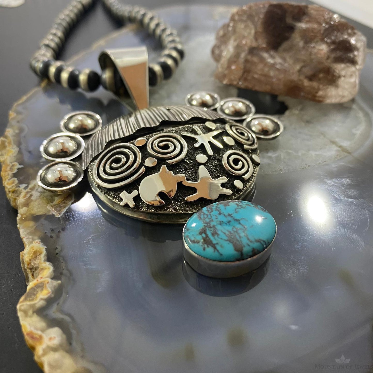 Alex Sanchez Native American Sterling Silver Turquoise Maiden Kachina Face Petroglyph Pendant For Women