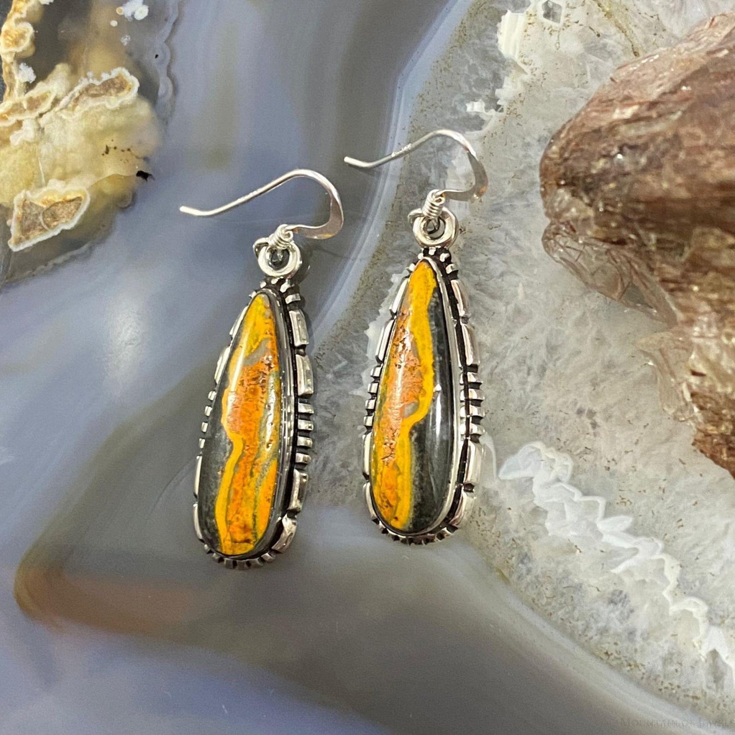 Native American Sterling Silver Teardrop Bumblebee Jasper Dangle Earrings For Women