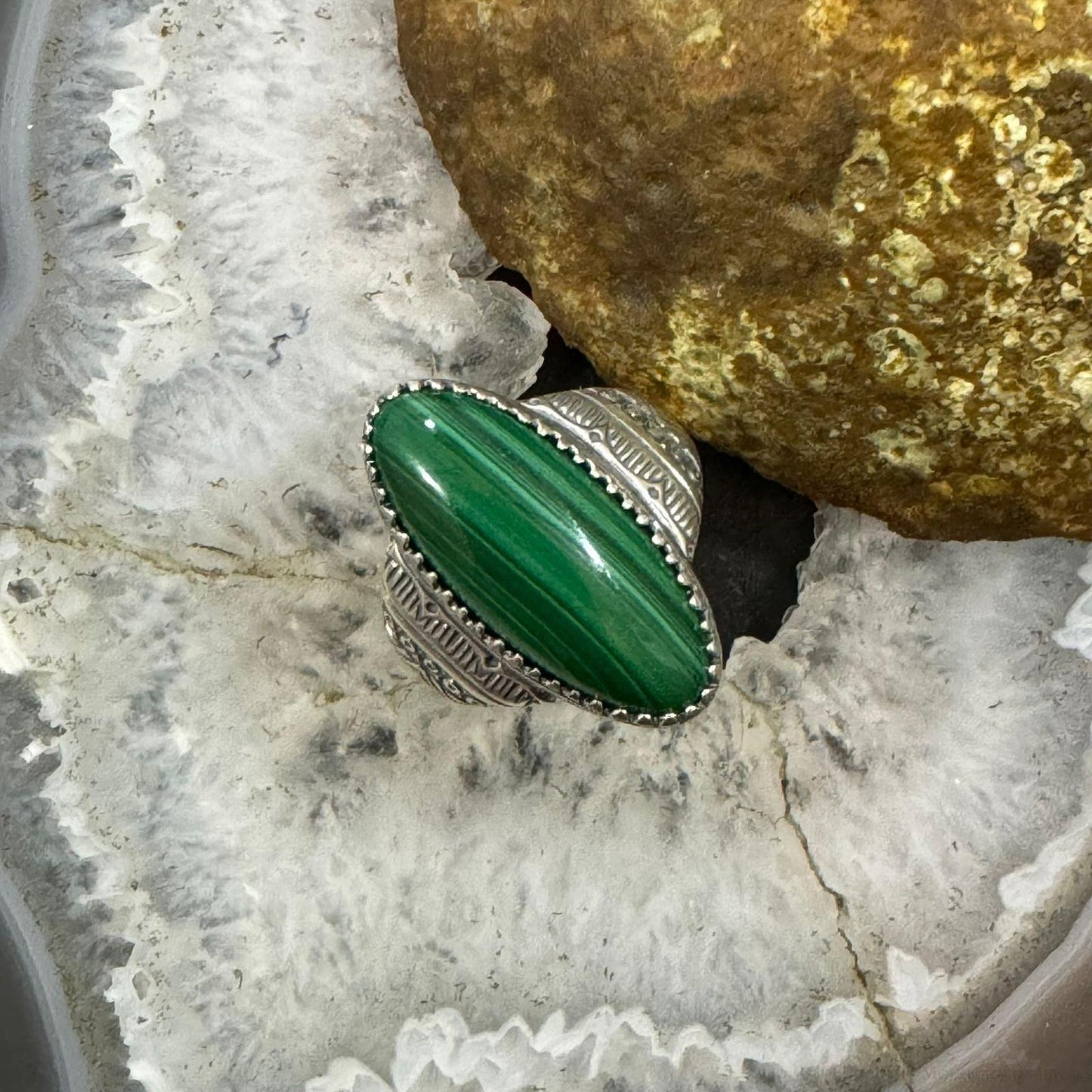 Carolyn Pollack Sterling Silver Elongated Oval Malachite Decorated Ring For Women