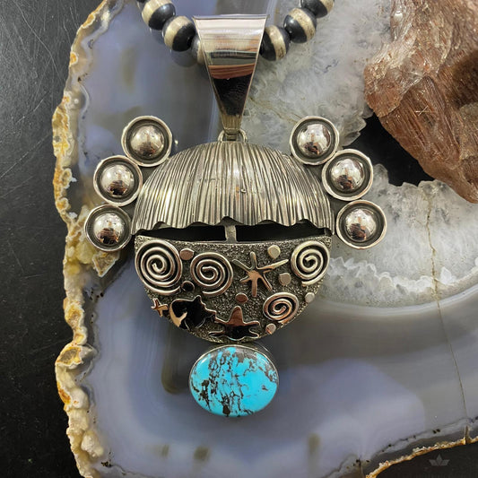 Alex Sanchez Native American Sterling Silver Turquoise Maiden Kachina Face Petroglyph Pendant For Women