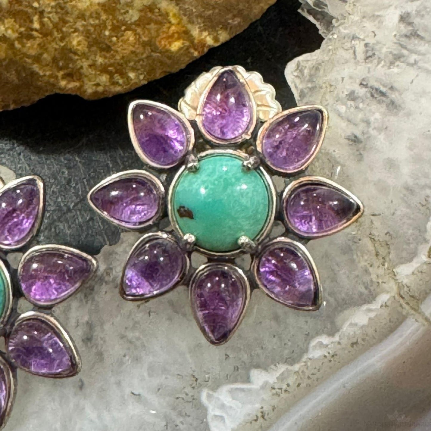 Carolyn Pollack Sterling Silver Round Turquoise & Pear Amethyst Flower Stud Earrings For Women