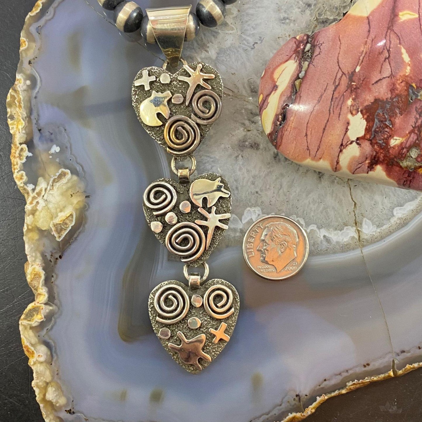 Alex Sanchez Native American Sterling Silver Petroglyph Triple Heart Pendant For Women #8