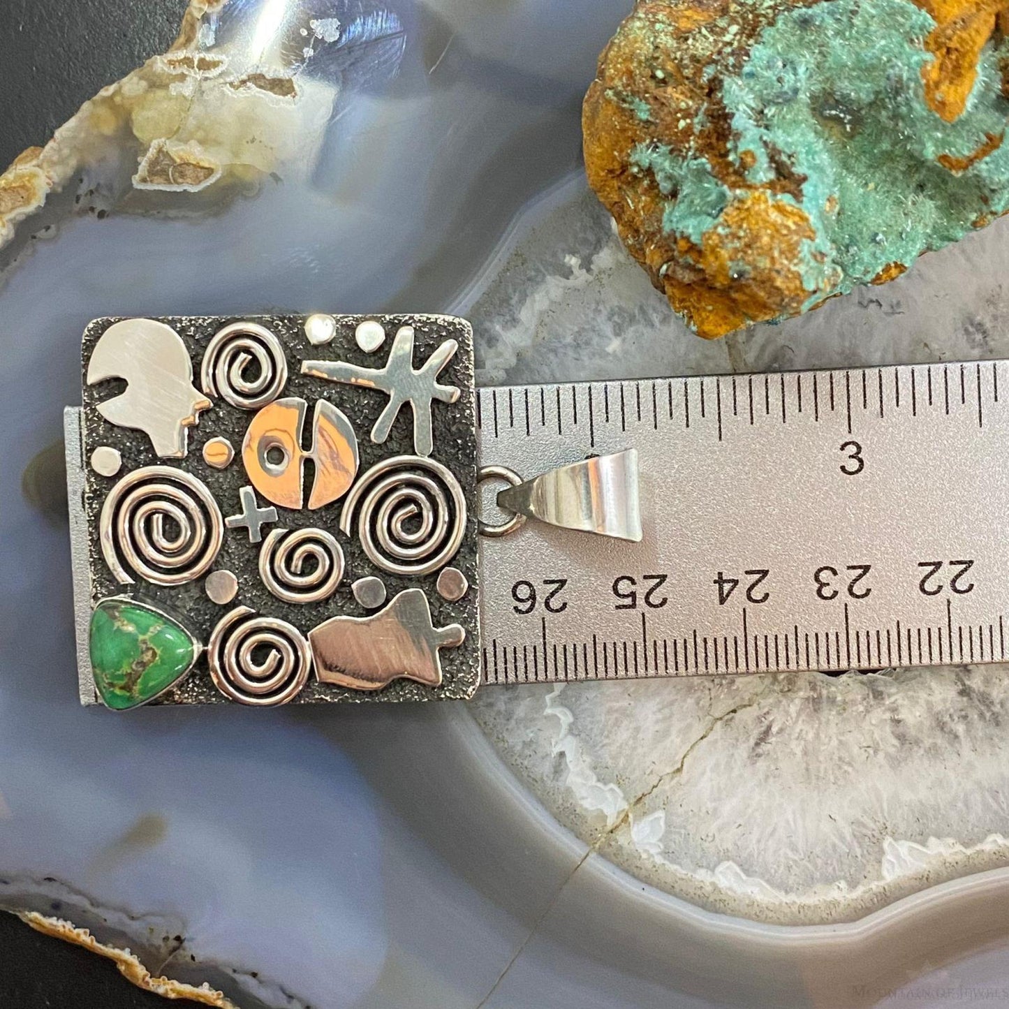 Alex Sanchez Sterling Silver Sonora Gold Turquoise Square Petroglyph Unisex Pendant