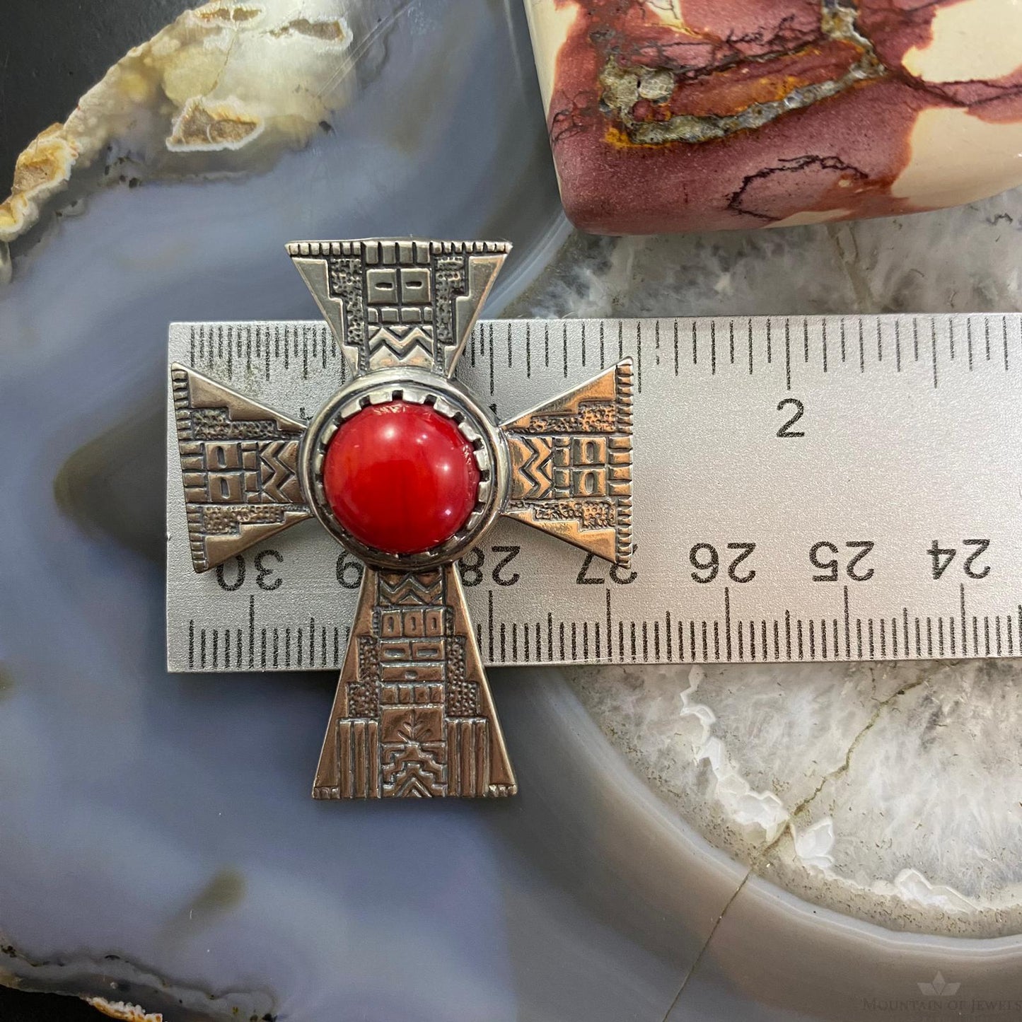 Roderick Tenorio and  Carolyn Pollack Southwestern Style Sterling Silver Red Jasper Decorated Cross Pendant For Women