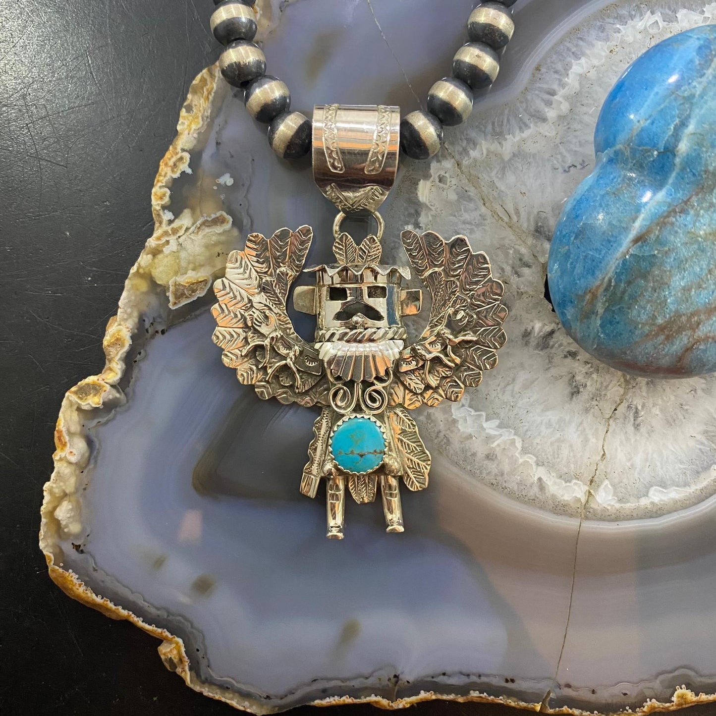 Alonzo Mariano Sterling Silver Round Turquoise Decorated Kachina Unisex Pendant