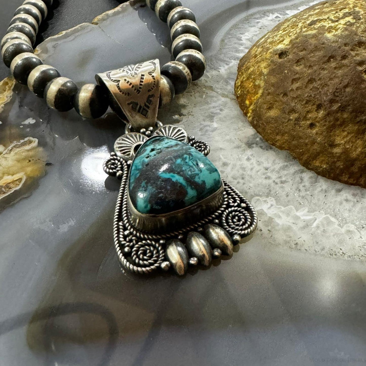 Native American Sterling Silver Rounded Triangle Turquoise Decorated Pendant For Women