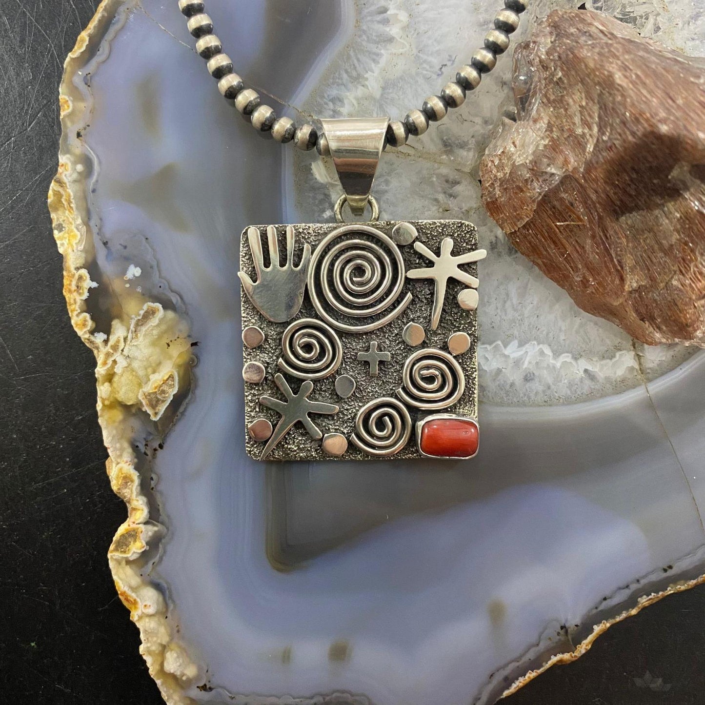 Alex Sanchez Native American Sterling Silver & Coral Square Petroglyph Unisex Pendant