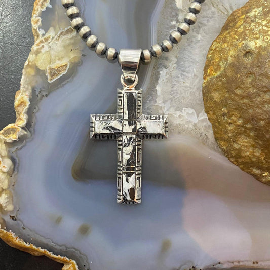 Native American Sterling Silver White Buffalo Inlay Decorated Cross Unisex Pendant