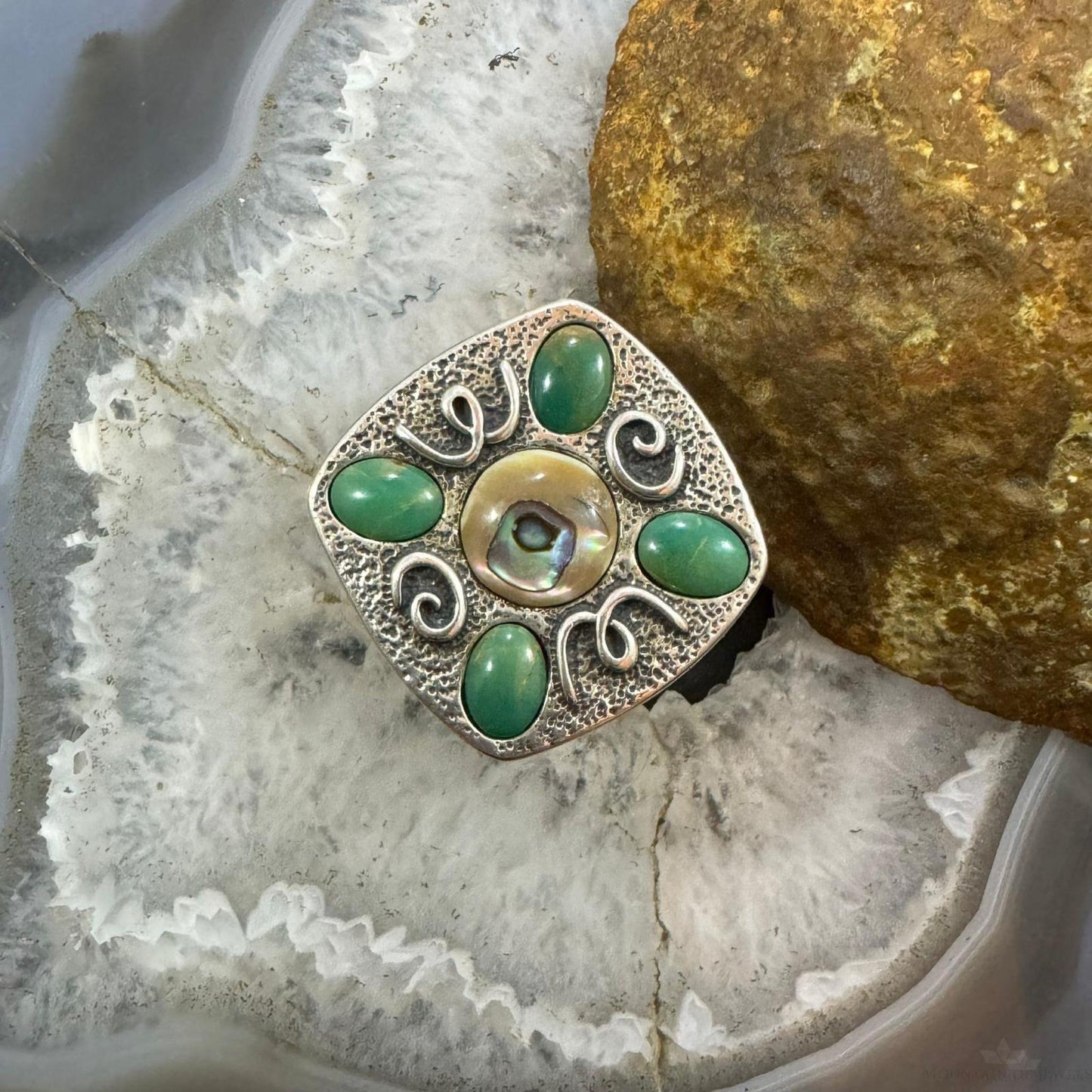 Carolyn Pollack Sterling Silver Green Turquoise & Abalone Decorated Ring Size 9 For Women