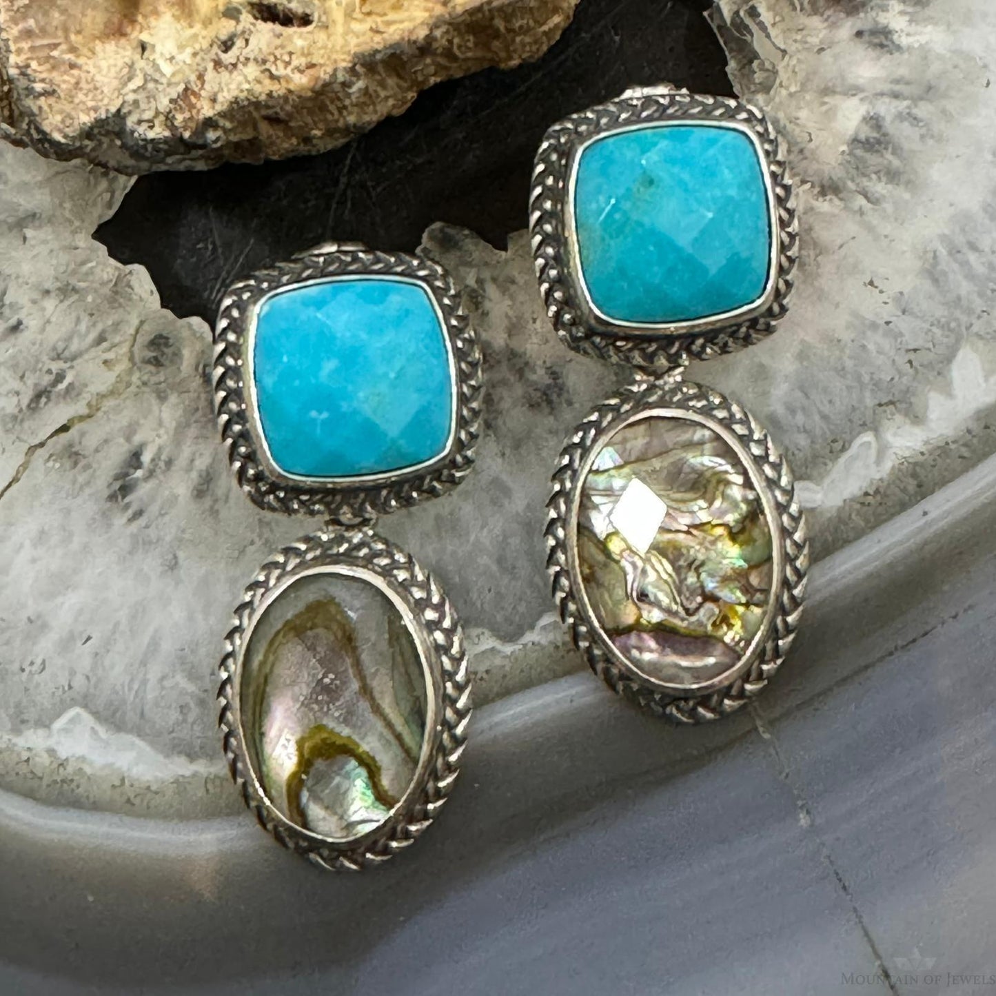 Carolyn Pollack Sterling Silver Square Turquoise & Oval Abalone/Quartz Post Earrings For Women