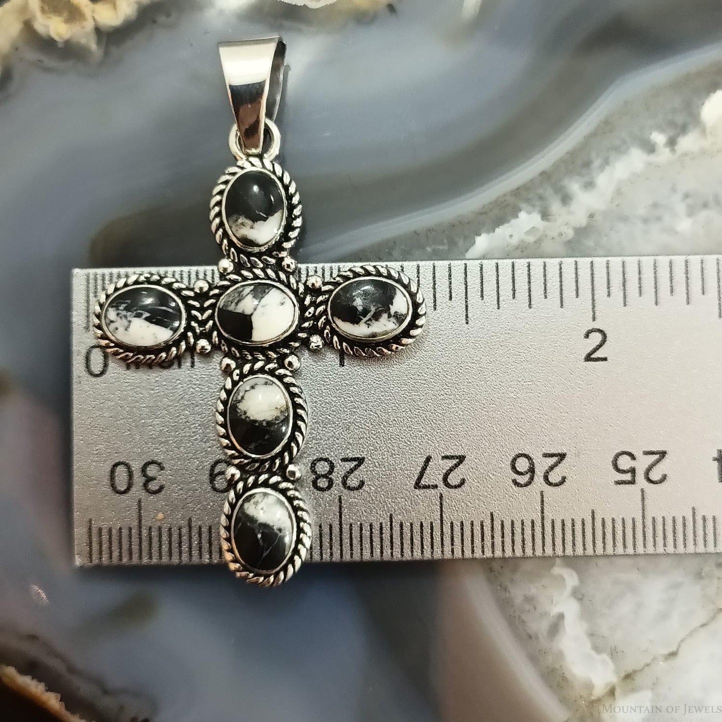 Native American Sterling Silver Oval White Buffalo Decorated Unisex Cross Pendant #1