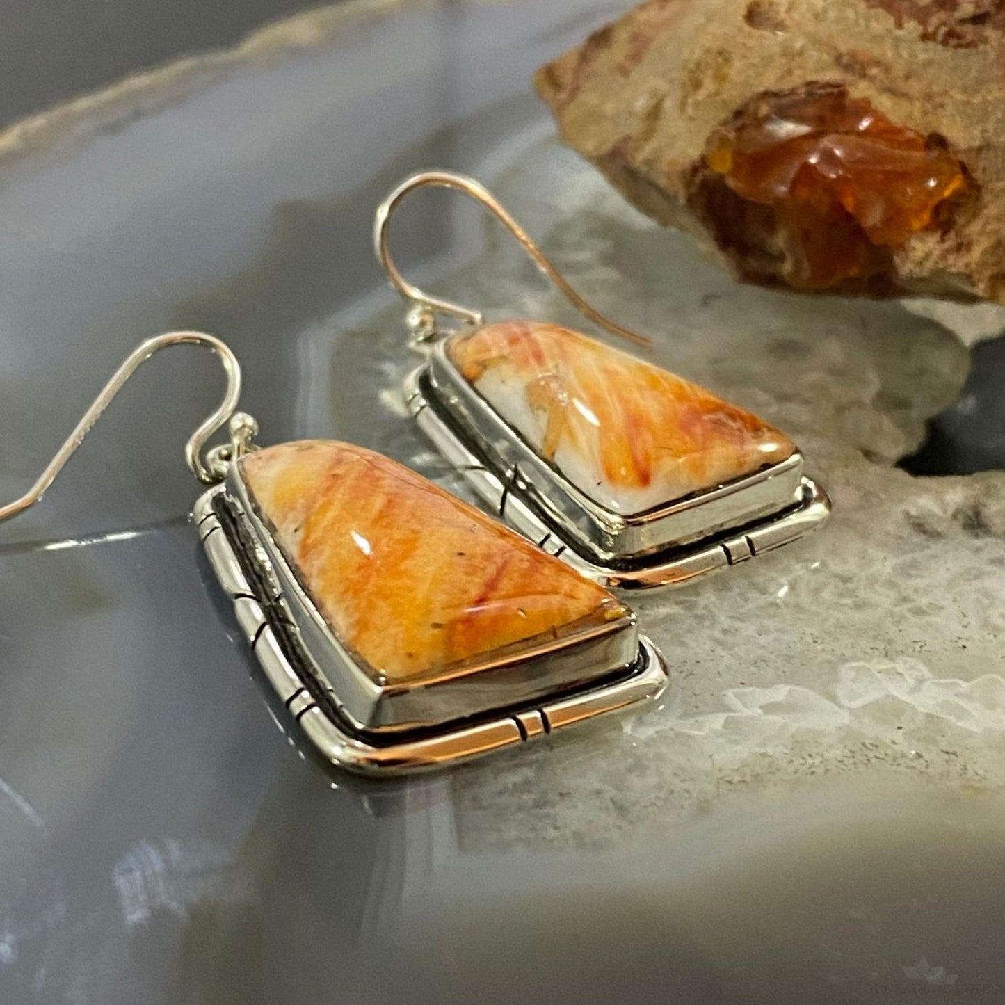 Native American Sterling Silver Triangle Orange Spiny Oyster Dangle Earrings For Women