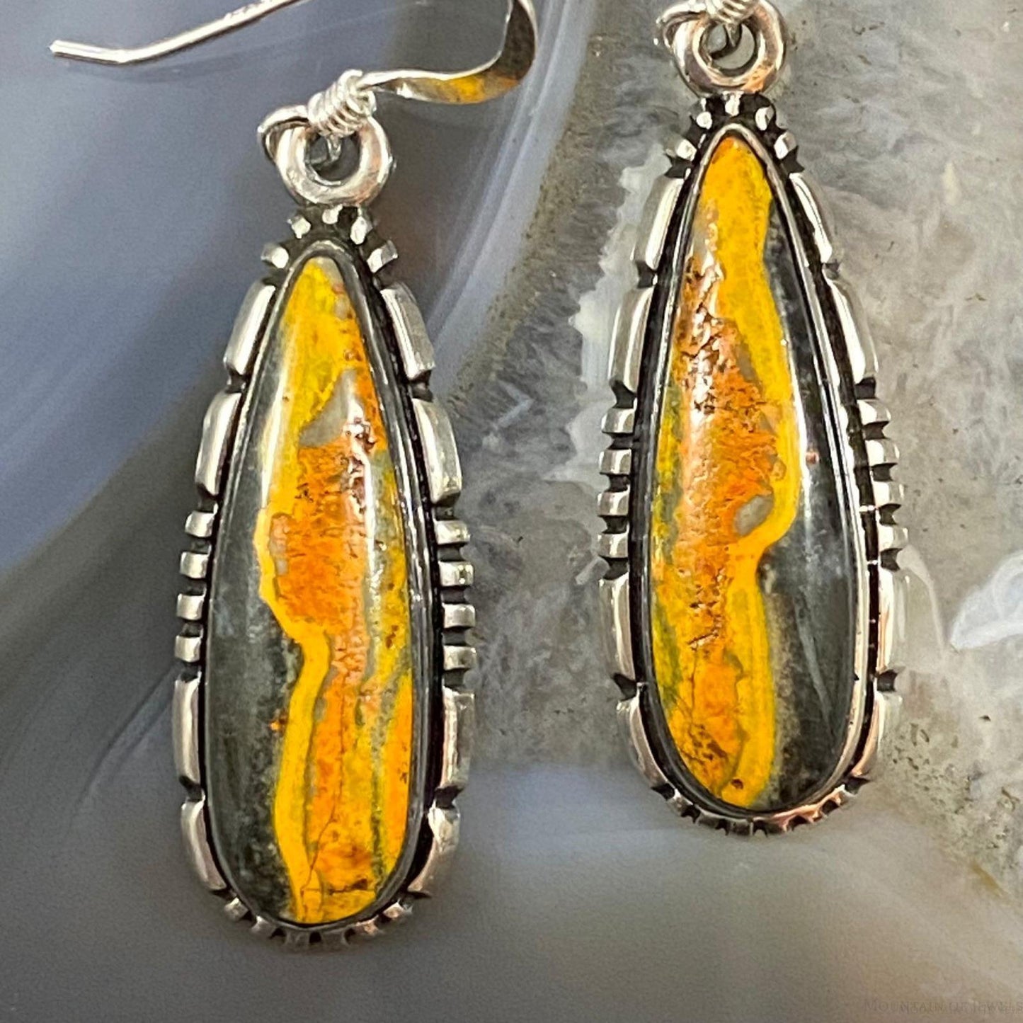 Native American Sterling Silver Teardrop Bumblebee Jasper Dangle Earrings For Women