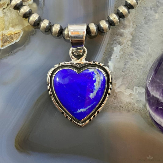 Native American Sterling Silver Lapis Lazuli Heart Stamped Pendant For Women #3