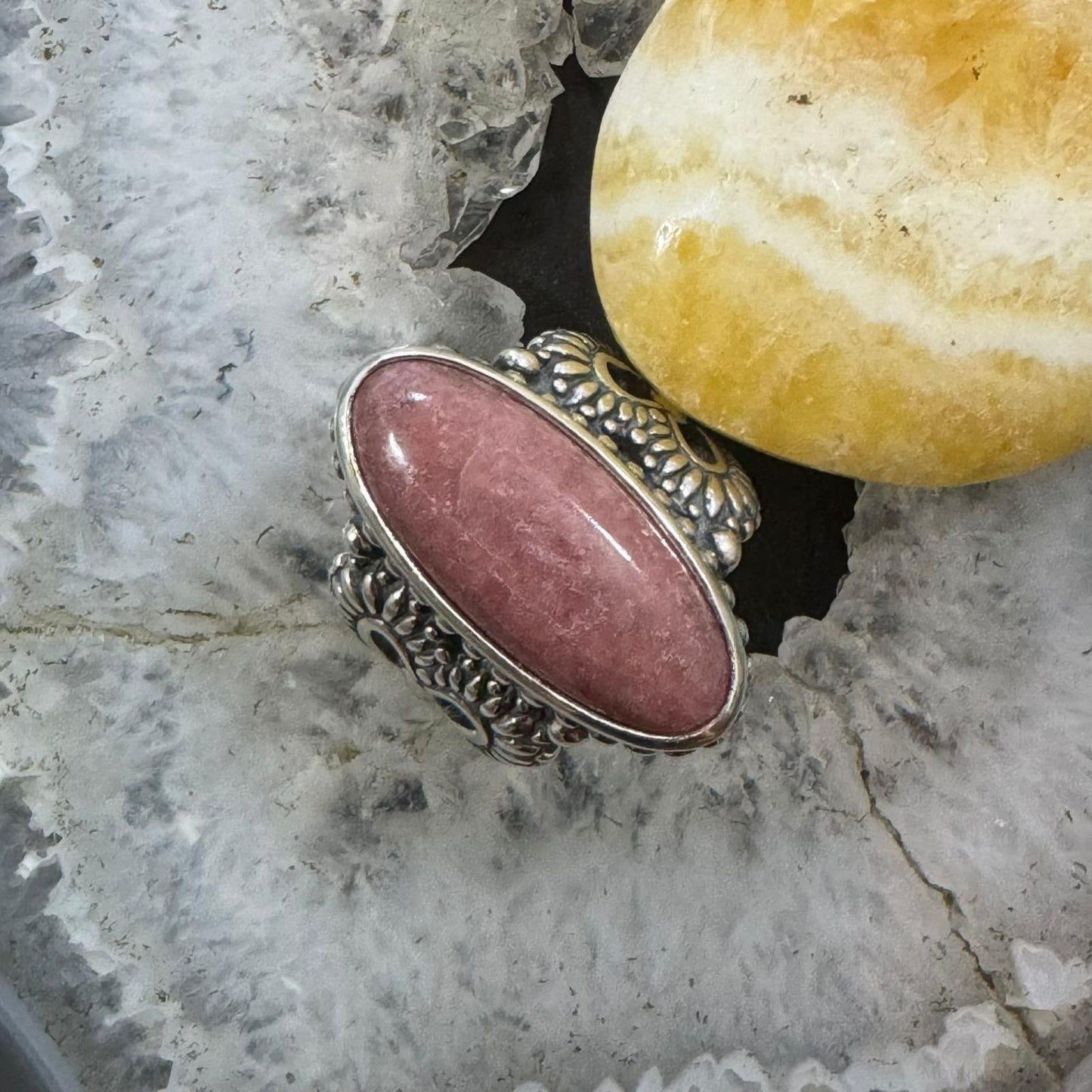 Carolyn Pollack Sterling Silver Elongated Oval Rhodochrosite Decorated Hearts Ring For Women