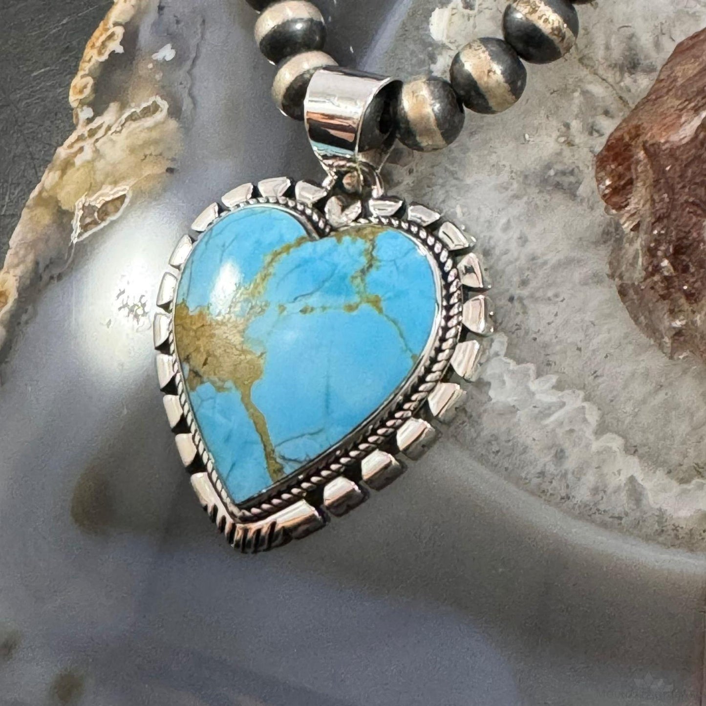 Native American Sterling Silver  Large Blue Ridge Turquoise Heart Pendant For Women #1