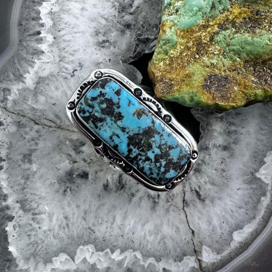 Native American Sterling Silver Matrix Turquoise Bar Ring Size 10 For Women