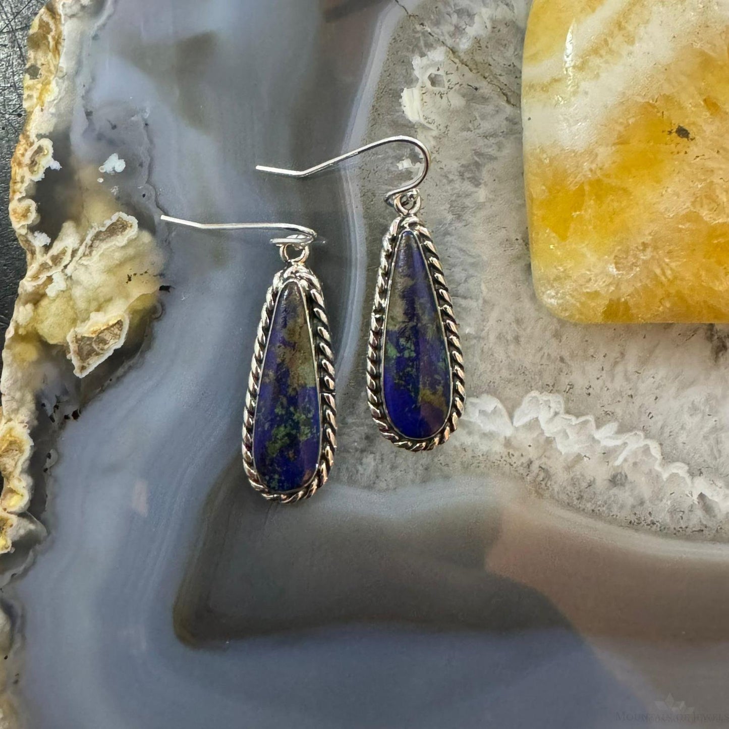 Native American Sterling Silver Teardrop African Azurite Malachite Dangle Earrings For Women