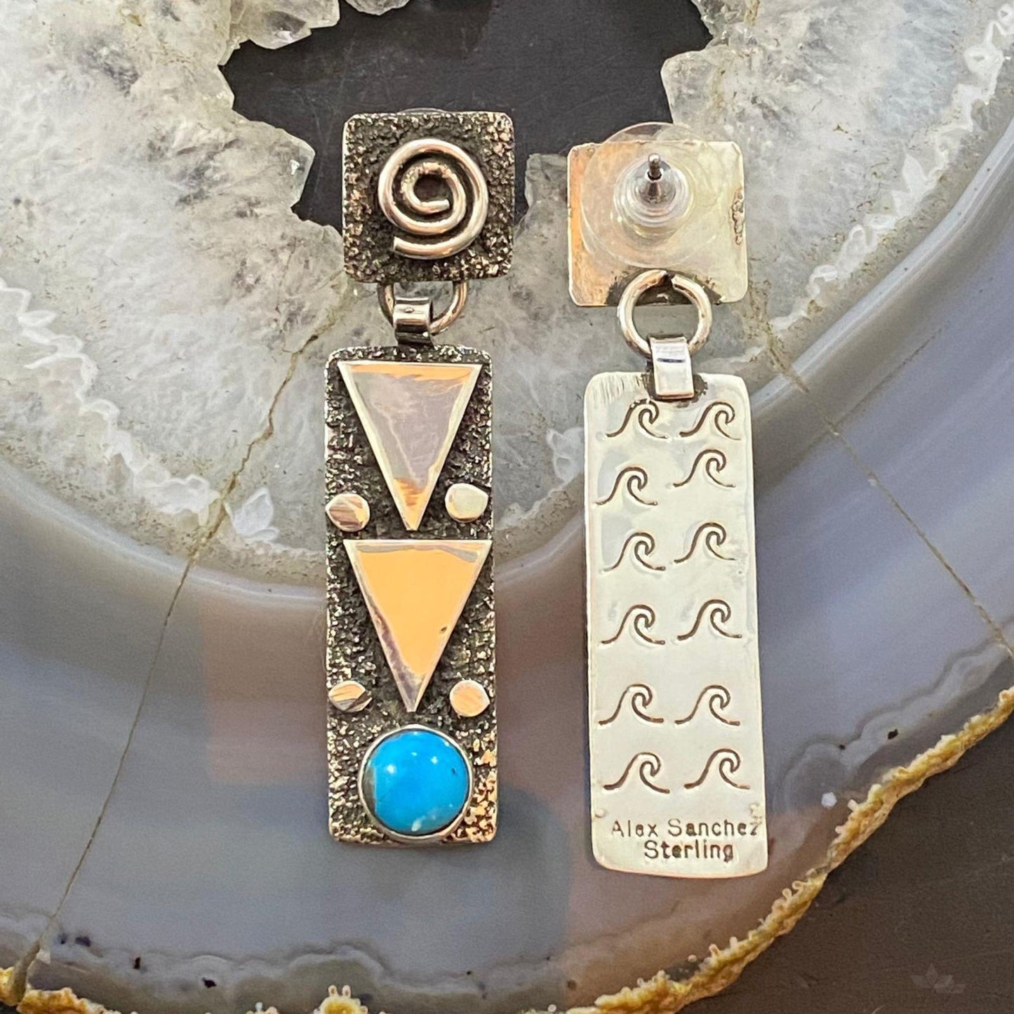 Alex Sanchez Native American Sterling Silver Rectangle Petroglyph Dangle Earrings For Women #4