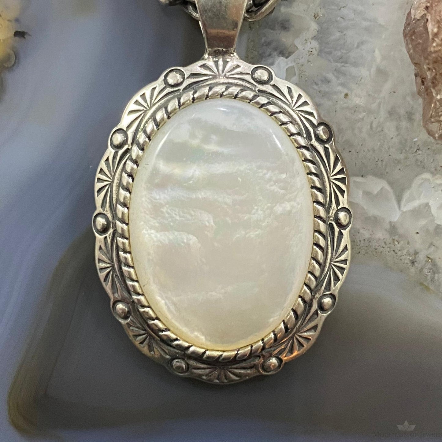 Carolyn Pollack Southwestern Style Sterling Silver Oval Mother of Pearl Decorated Pendant For Women