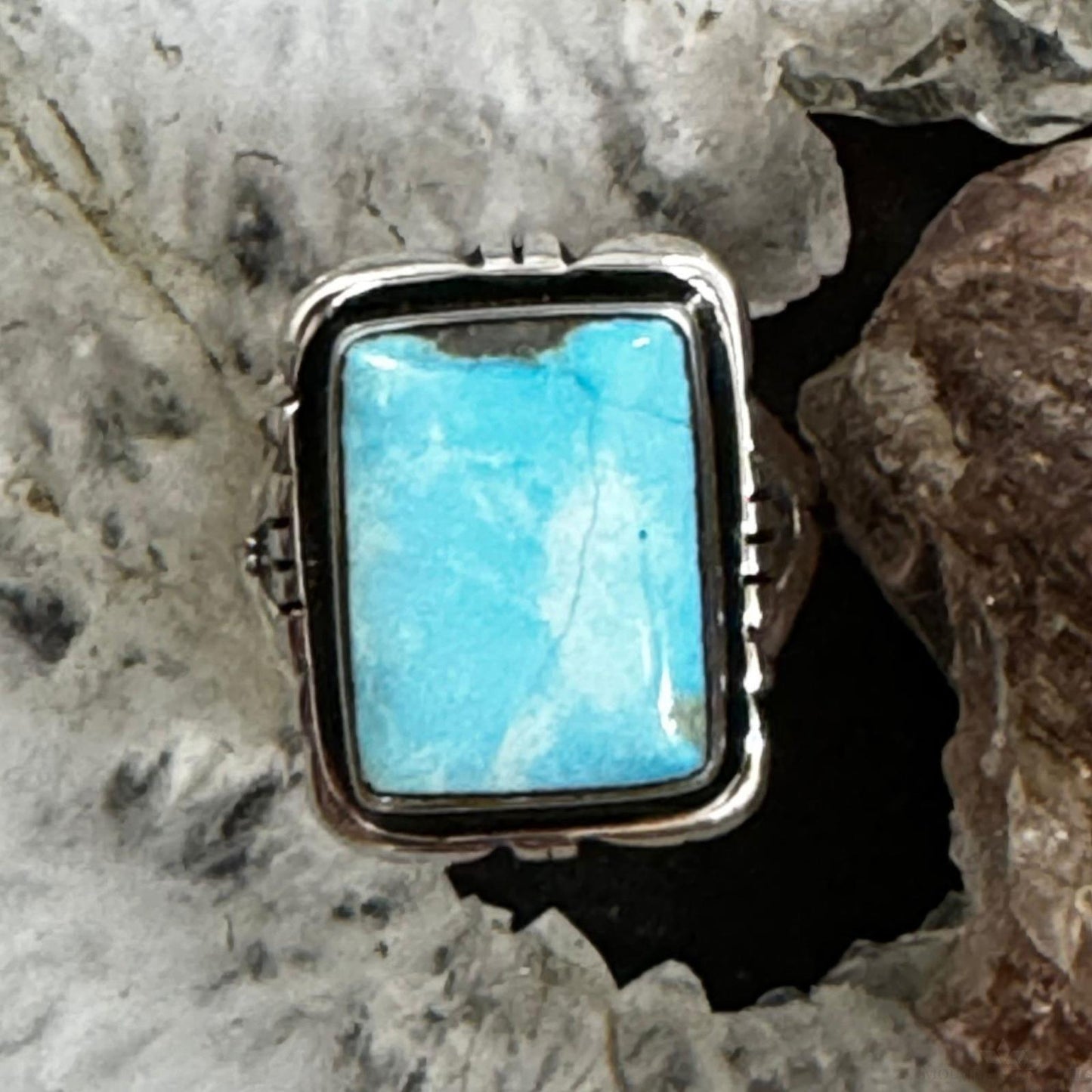 Native American Sterling Silver Rectangle Blue Ridge Turquoise Mini Bar Ring Size 6.5 For Women #3