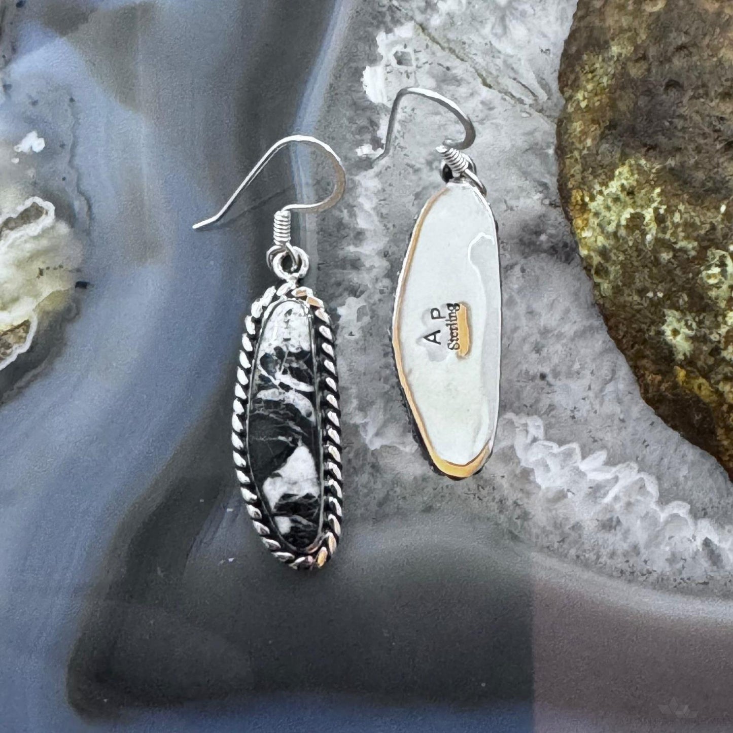 Native American Sterling Silver Natural Elongated White Buffalo Dangle Earrings For Women