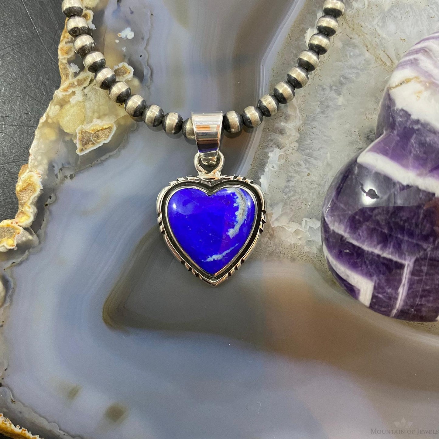 Native American Sterling Silver Lapis Lazuli Heart Stamped Pendant For Women #3