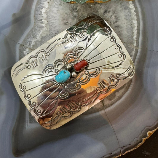 Native American Sterling Silver Turquoise & Coral Stamped Unisex Belt Buckle #3