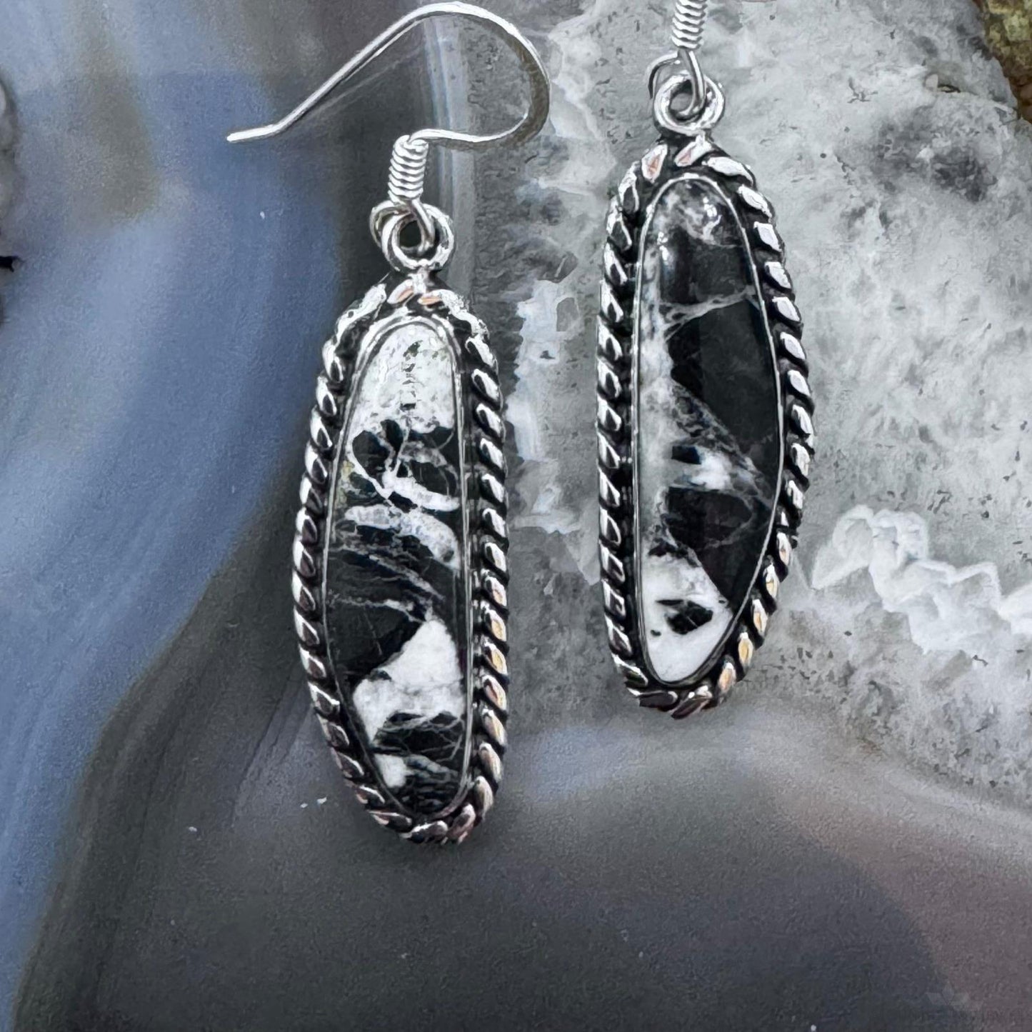 Native American Sterling Silver Natural Elongated White Buffalo Dangle Earrings For Women