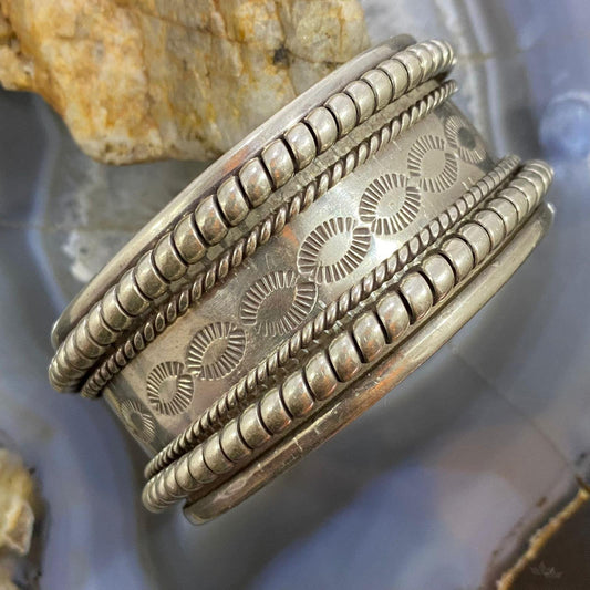 Vintage Mexican Sterling SIlver Stamped and Decorated Cuff Bracelet For Men