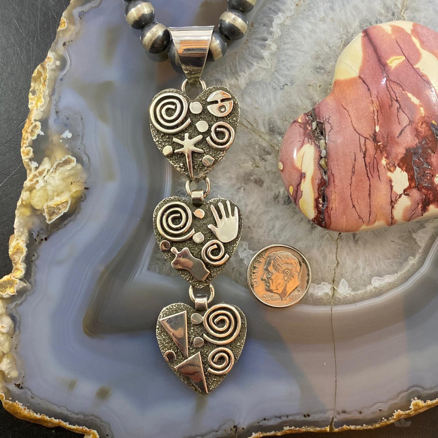 Alex Sanchez Native American Sterling Silver Petroglyph Triple Heart Pendant For Women #4