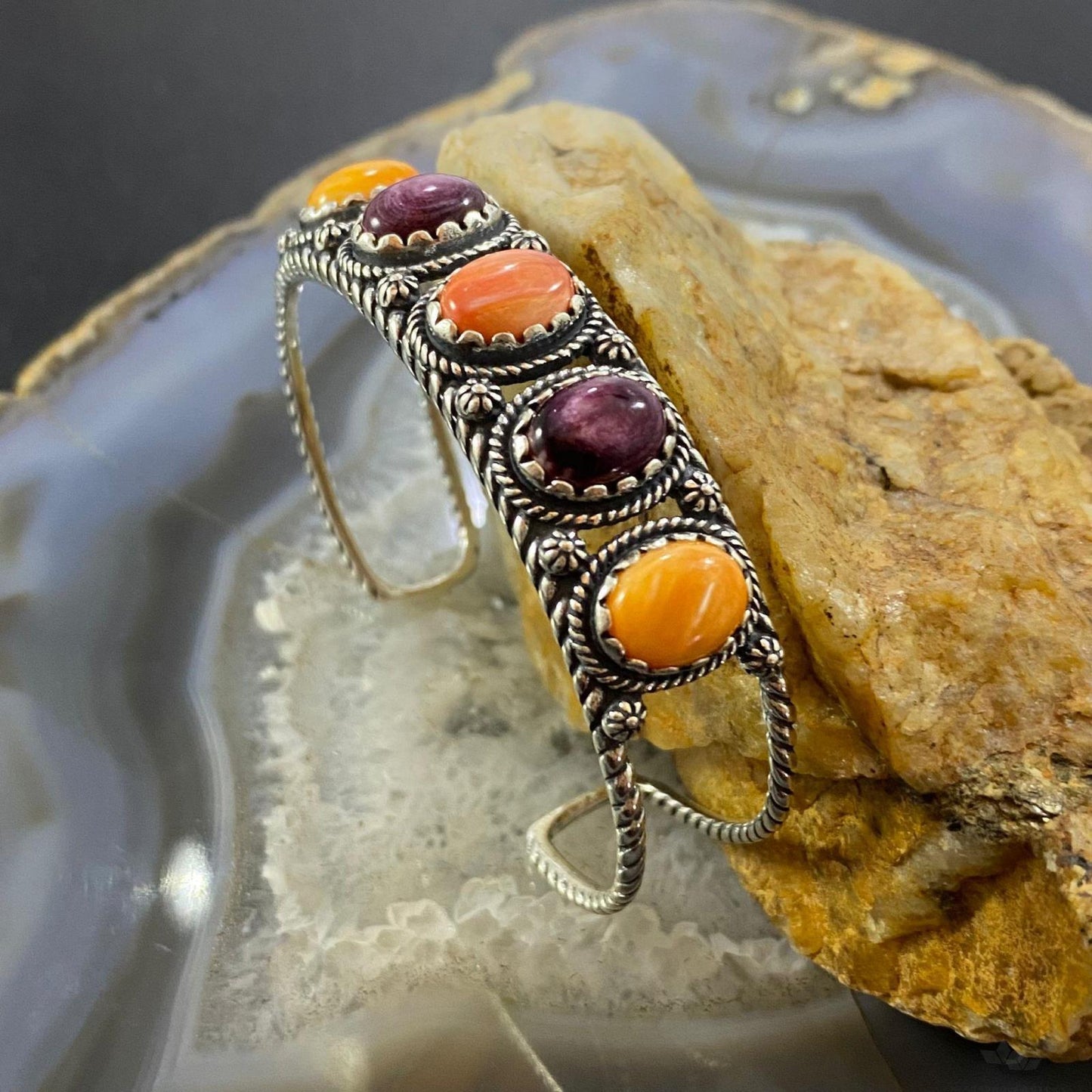 Carolyn Pollack Southwestern Style Sterling Silver Orange and Purple Spiny Oyster Bracelet For Women