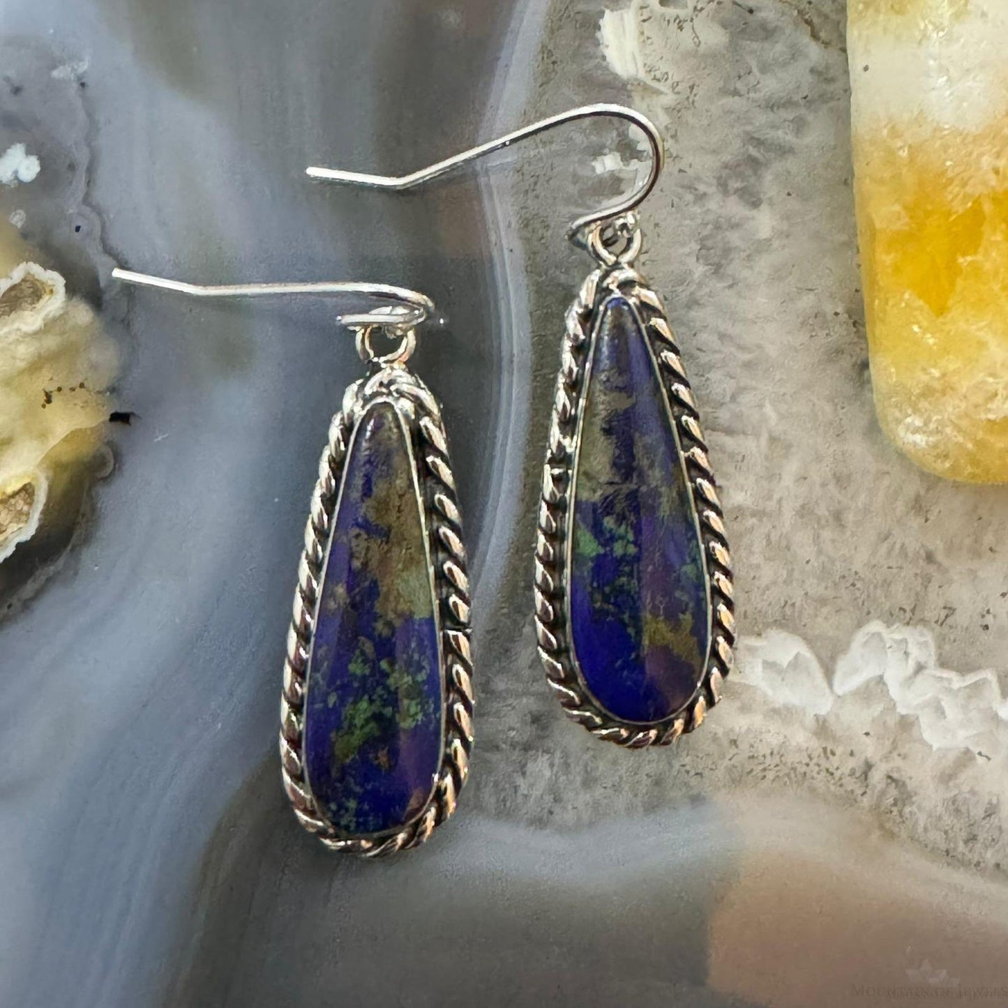 Native American Sterling Silver Teardrop African Azurite Malachite Dangle Earrings For Women