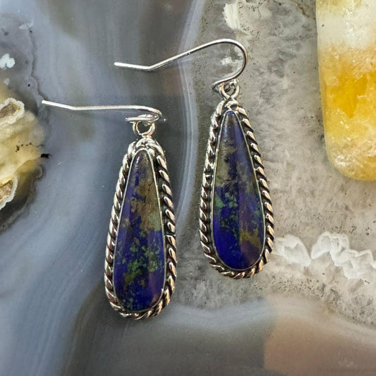 Native American Sterling Silver Teardrop African Azurite Malachite Dangle Earrings For Women