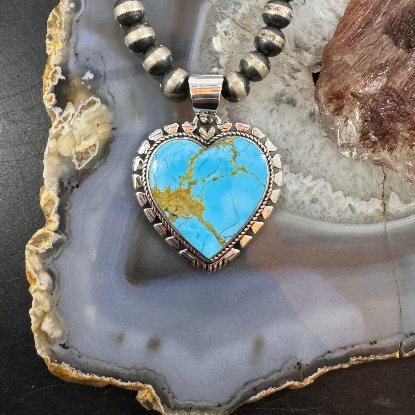 Native American Sterling Silver  Large Blue Ridge Turquoise Heart Pendant For Women #1