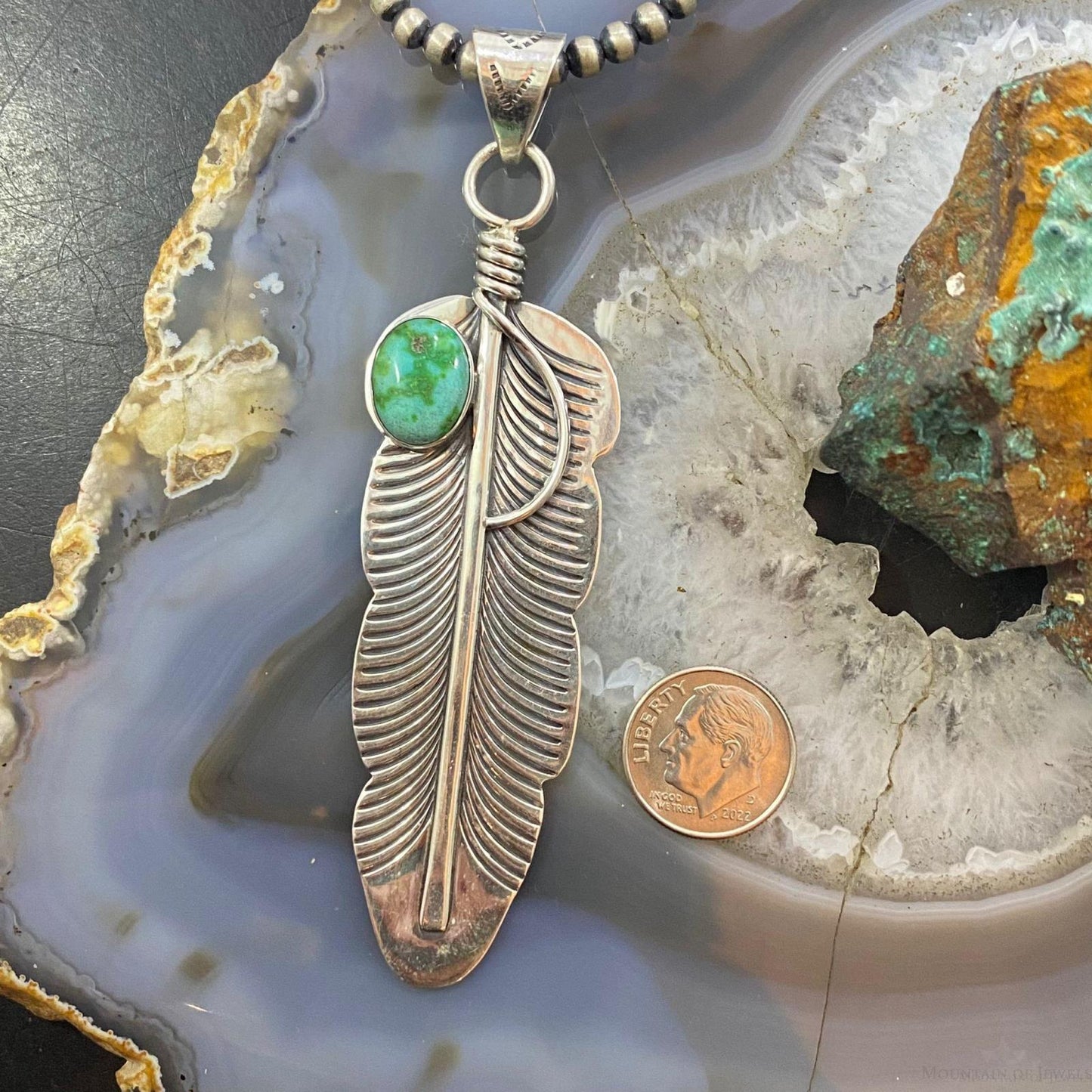 Native American Sterling Silver Oval Sonoran Gold Turquoise Feather Unisex Pendant