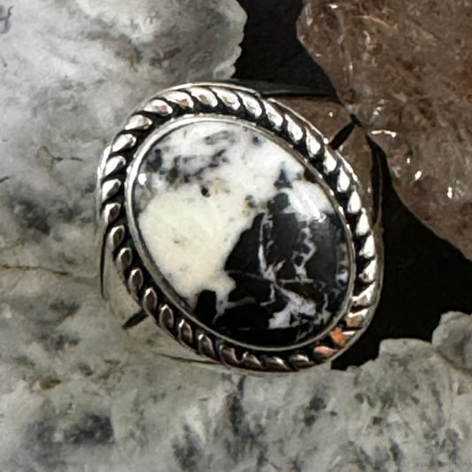 Native American Sterling Silver Oval White Buffalo Shield Ring Size 8.25 For Women