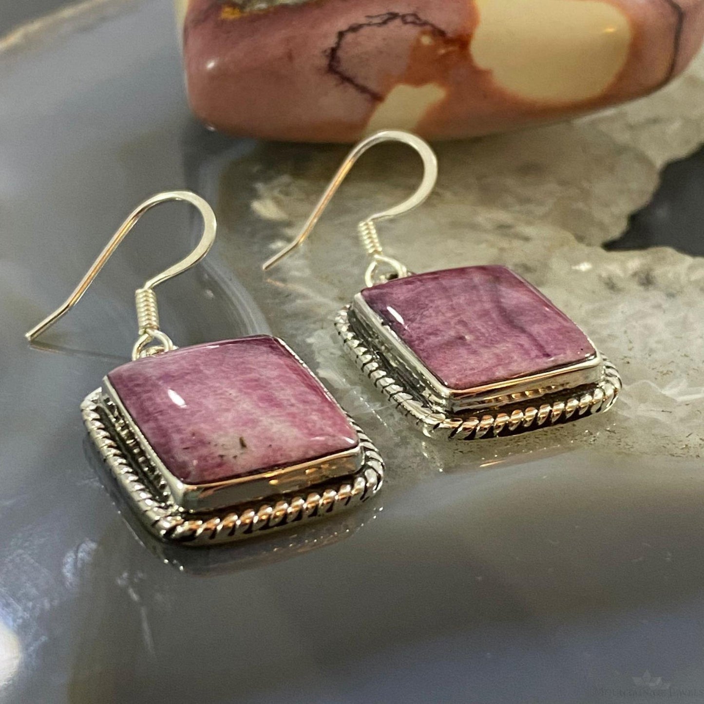 Native American Sterling Silver Square Purple Spiny Oyster Dangle Earrings For Women
