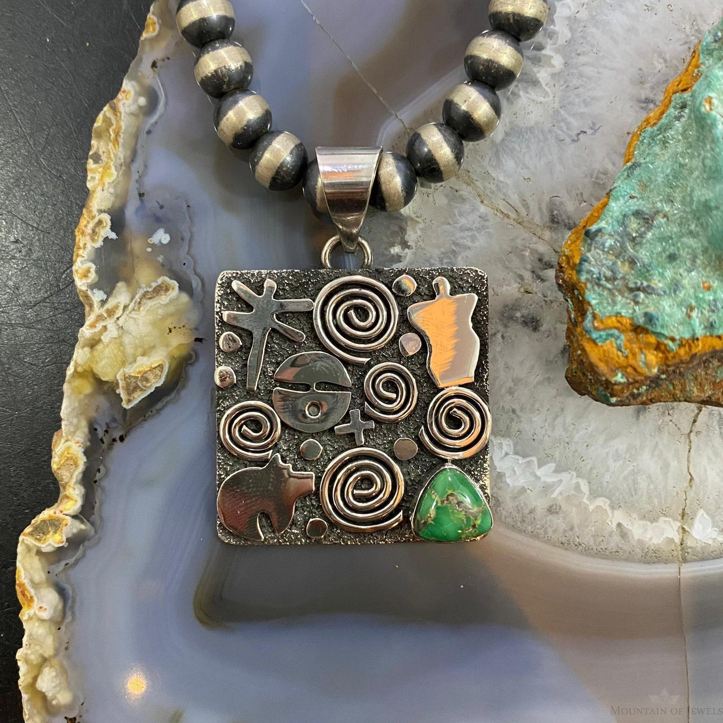 Alex Sanchez Sterling Silver Sonora Gold Turquoise Square Petroglyph Unisex Pendant