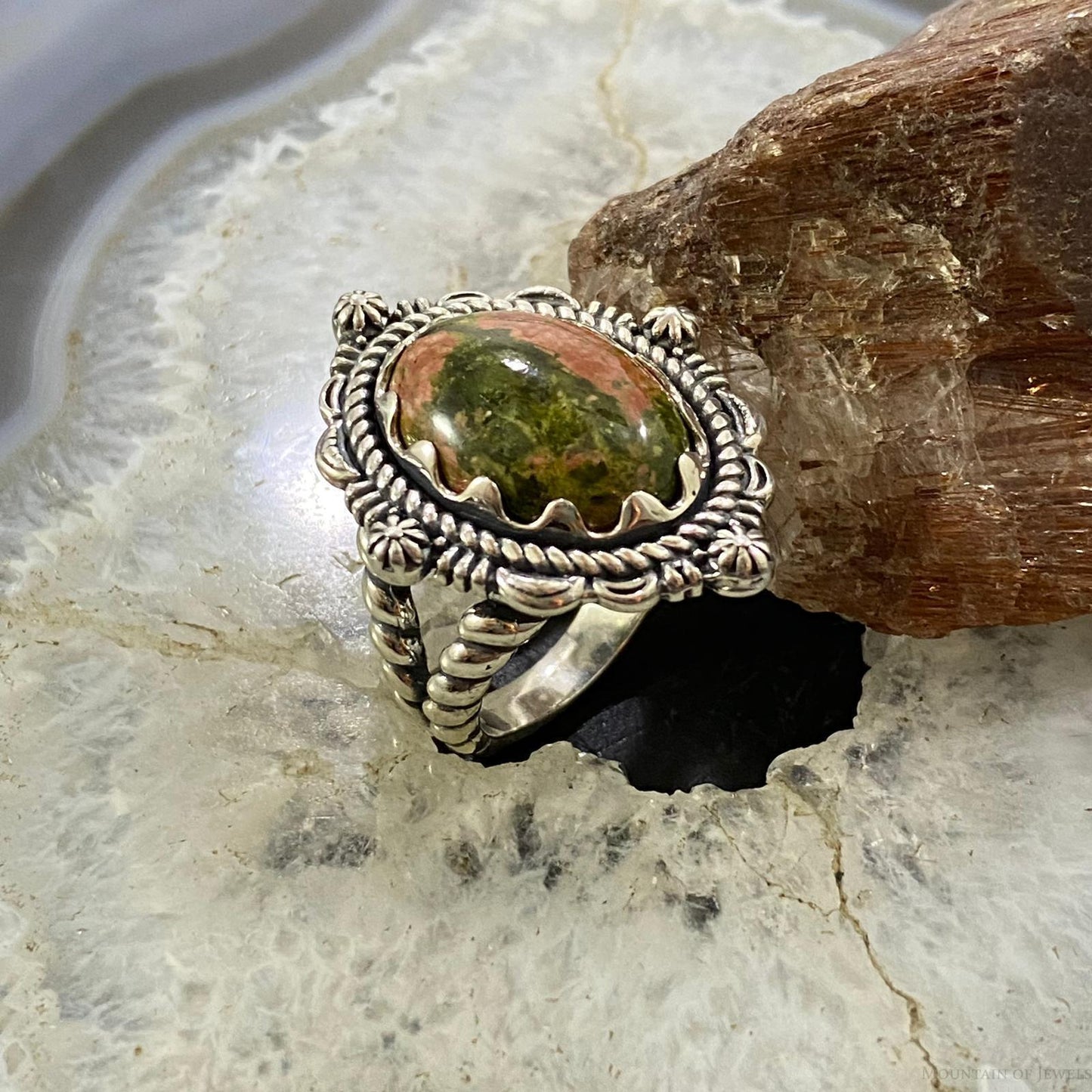 Carolyn Pollack Southwestern Style Sterling Silver Oval Unakite Decorated Ring Size 8.5 For Women