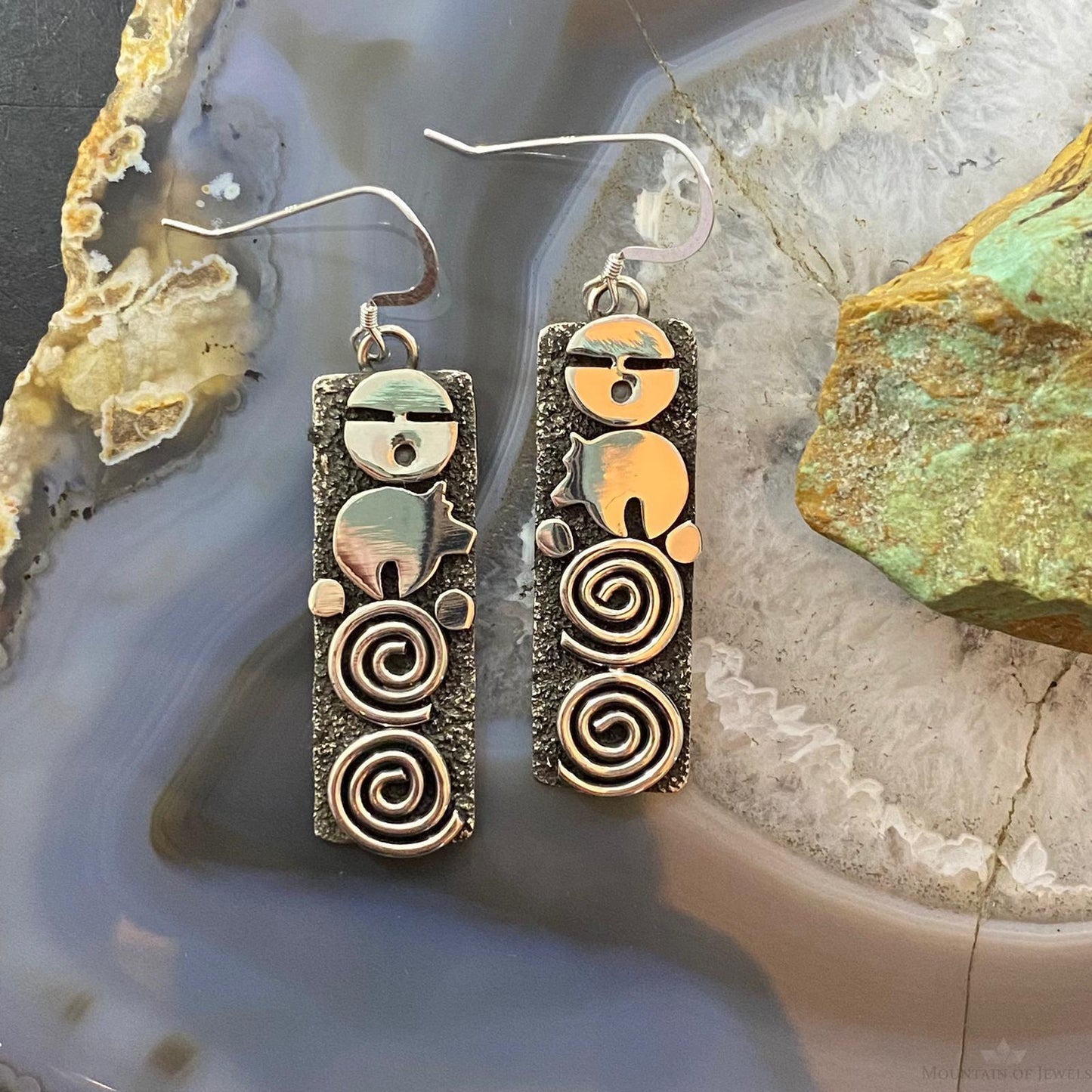 Alex Sanchez Native American Sterling Silver Rectangle Petroglyph Dangle Earrings For Women #7