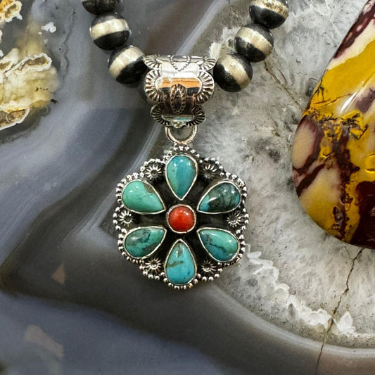 Native American Sterling Silver 6 Turquoise & 1 Coral Flower Pendant For Women