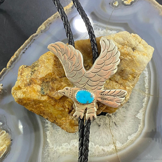 Vintage Native American Silver Oval Turquoise Engraved Eagle Bolo Tie For Men