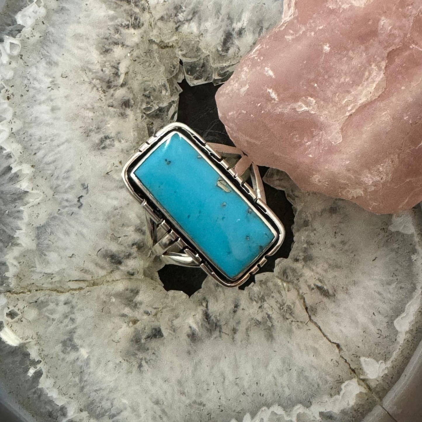 Native American Sterling Silver Blue Ridge Turquoise Elongated Bar Ring Size 9.75 For Women