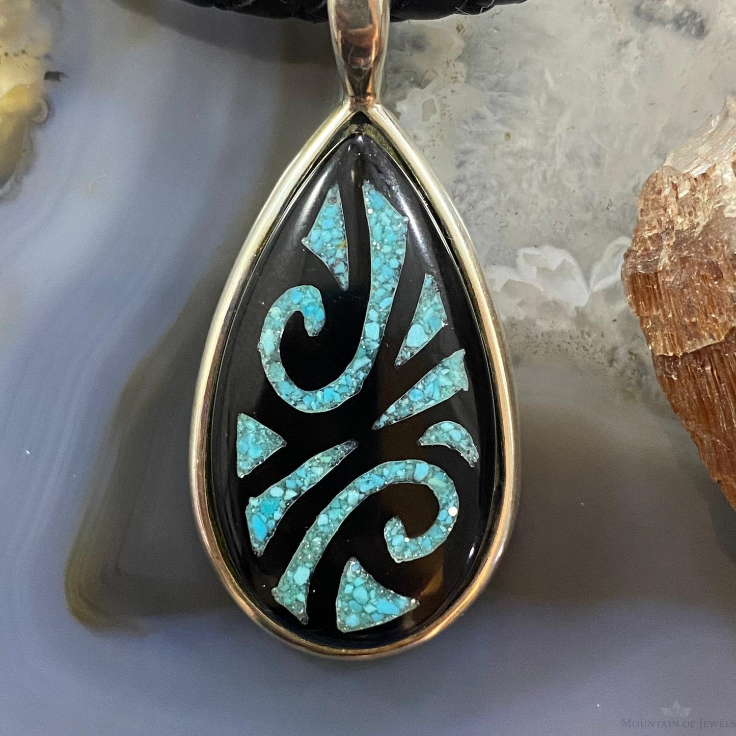 Carolyn Pollack Southwestern Style  Sterling Teardrop Onyx & Turquoise Chip Inlay Decorated Pendant For Women