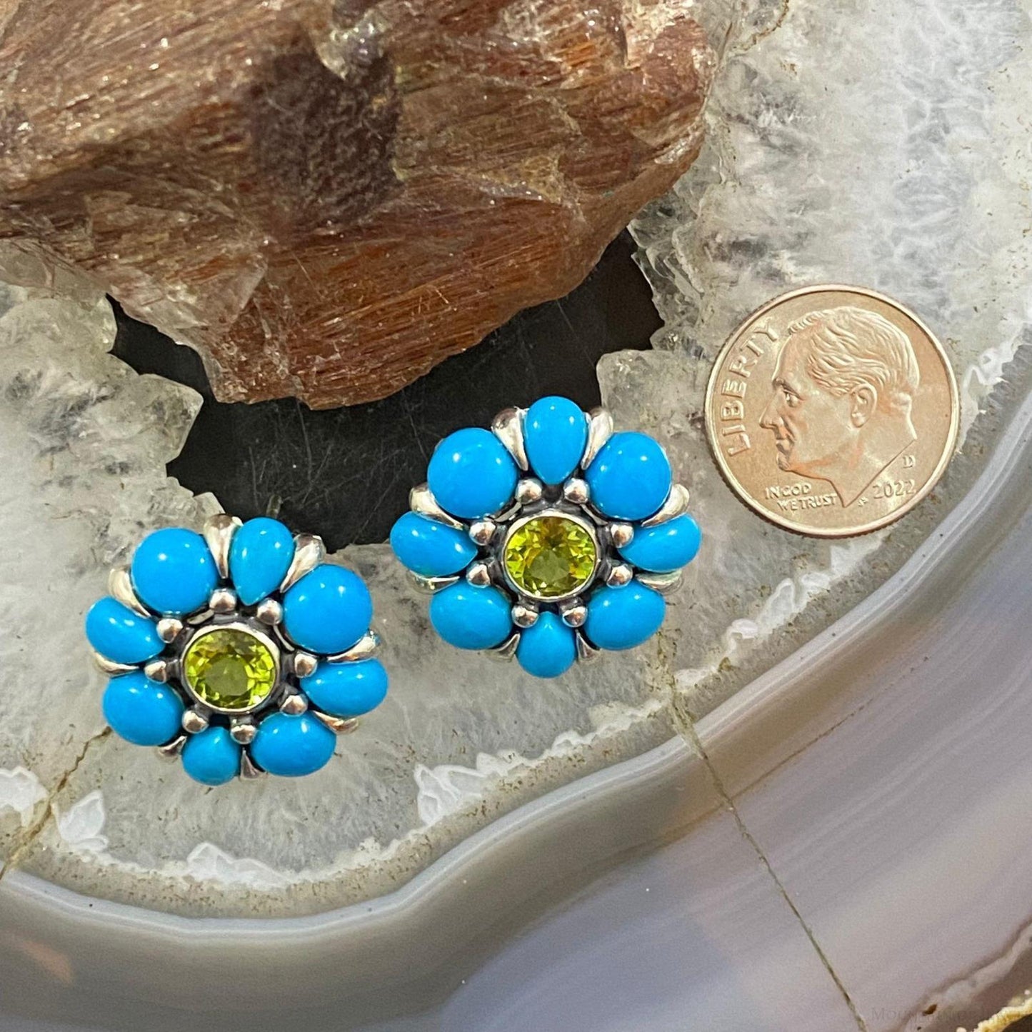 Carolyn Pollack Sterling Silver Turquoise & Faceted Peridot Flower Stud Earrings For Women