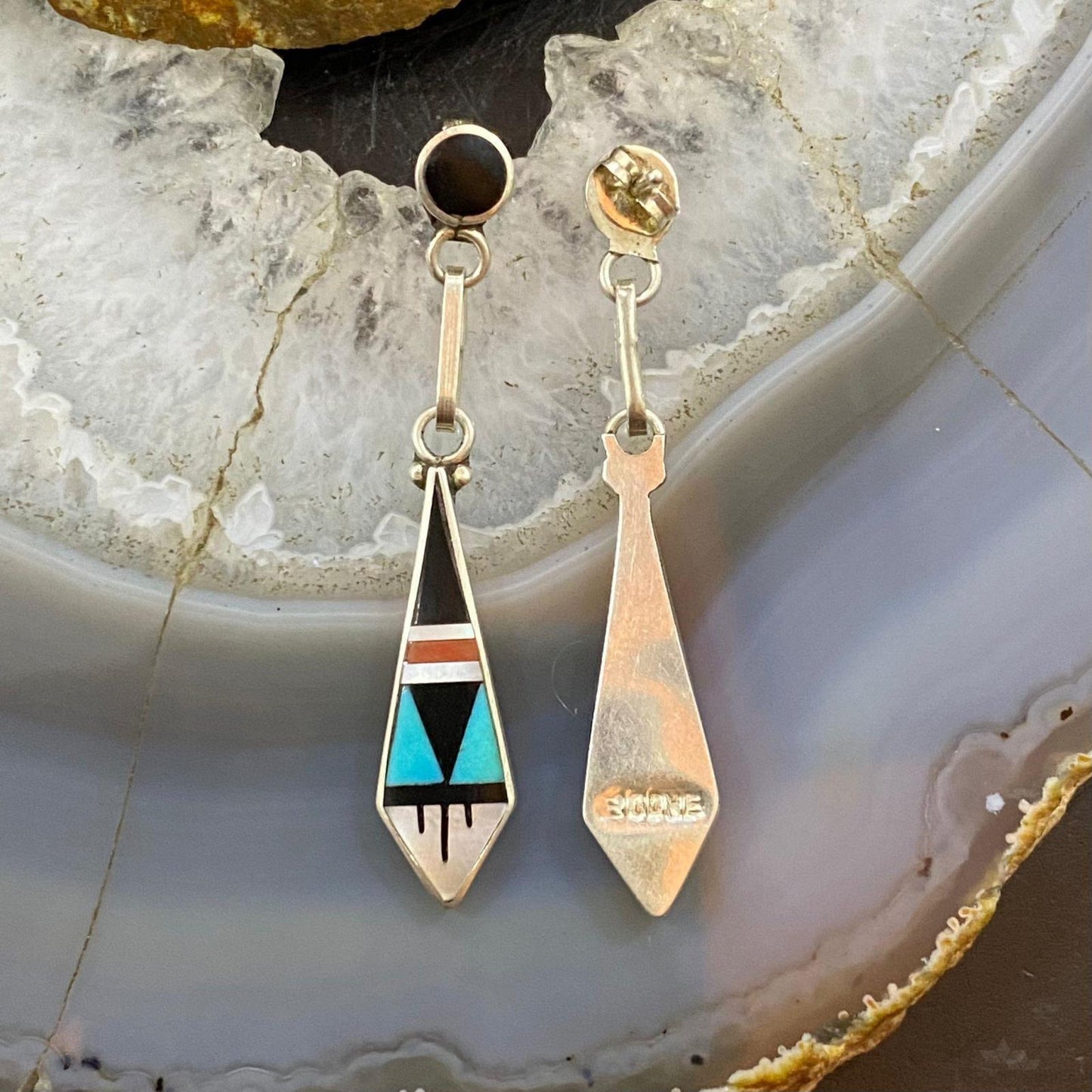 Delberta Boone Vintage Native American Silver Multi Gemstone Inlay Dangle Earrings For Women