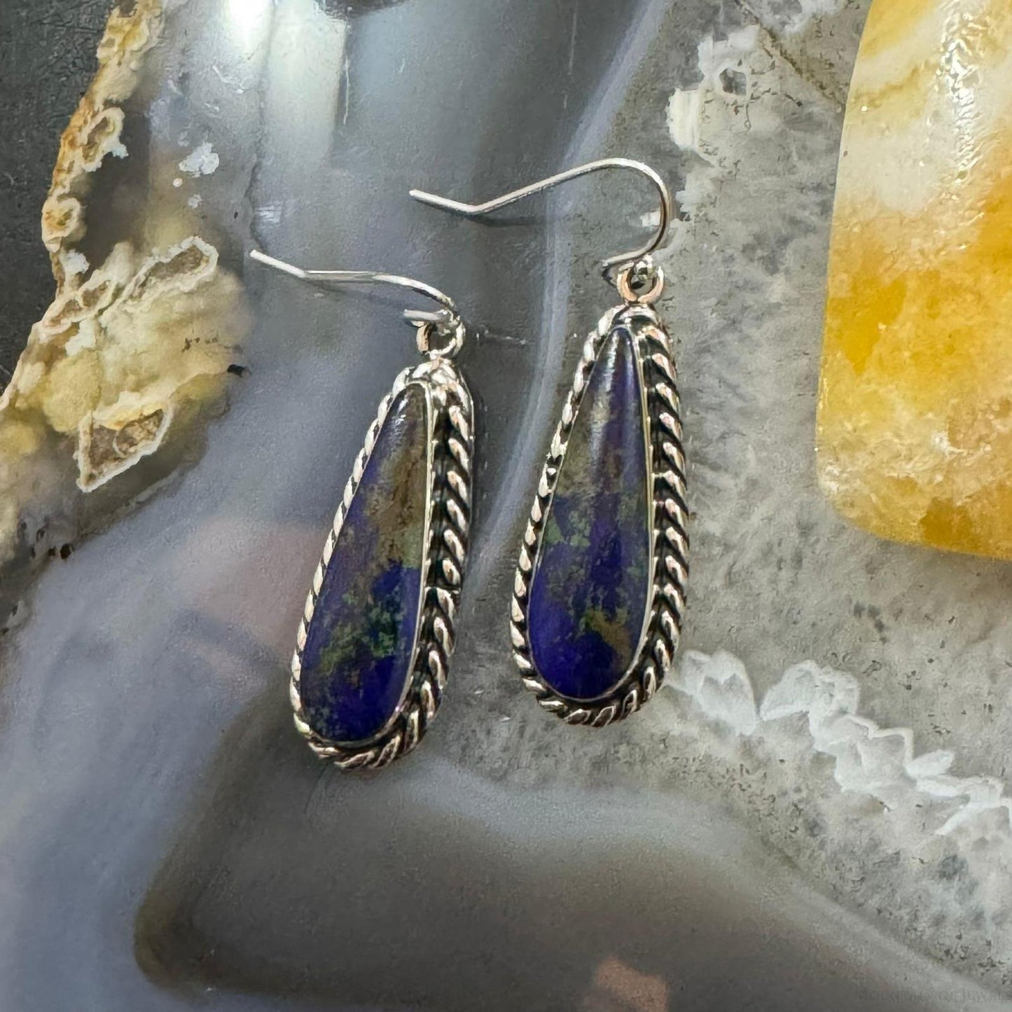 Native American Sterling Silver Teardrop African Azurite Malachite Dangle Earrings For Women