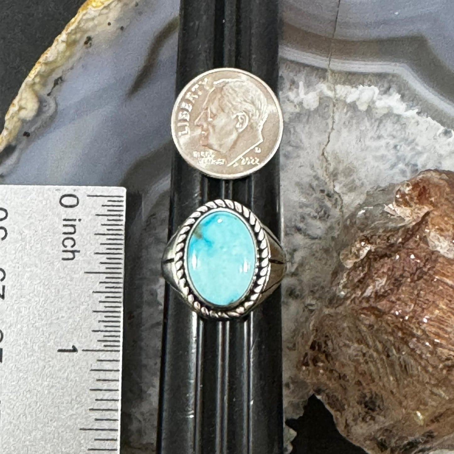 Native American Sterling Silver Oval Blue Ridge Turquoise Shield Ring Size 8.75 For Women